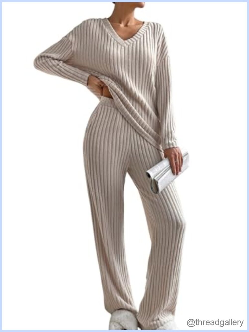 Women's Ribbed Knit 2 Piece Lounge Set Long Sleeve V-Neck Pajama